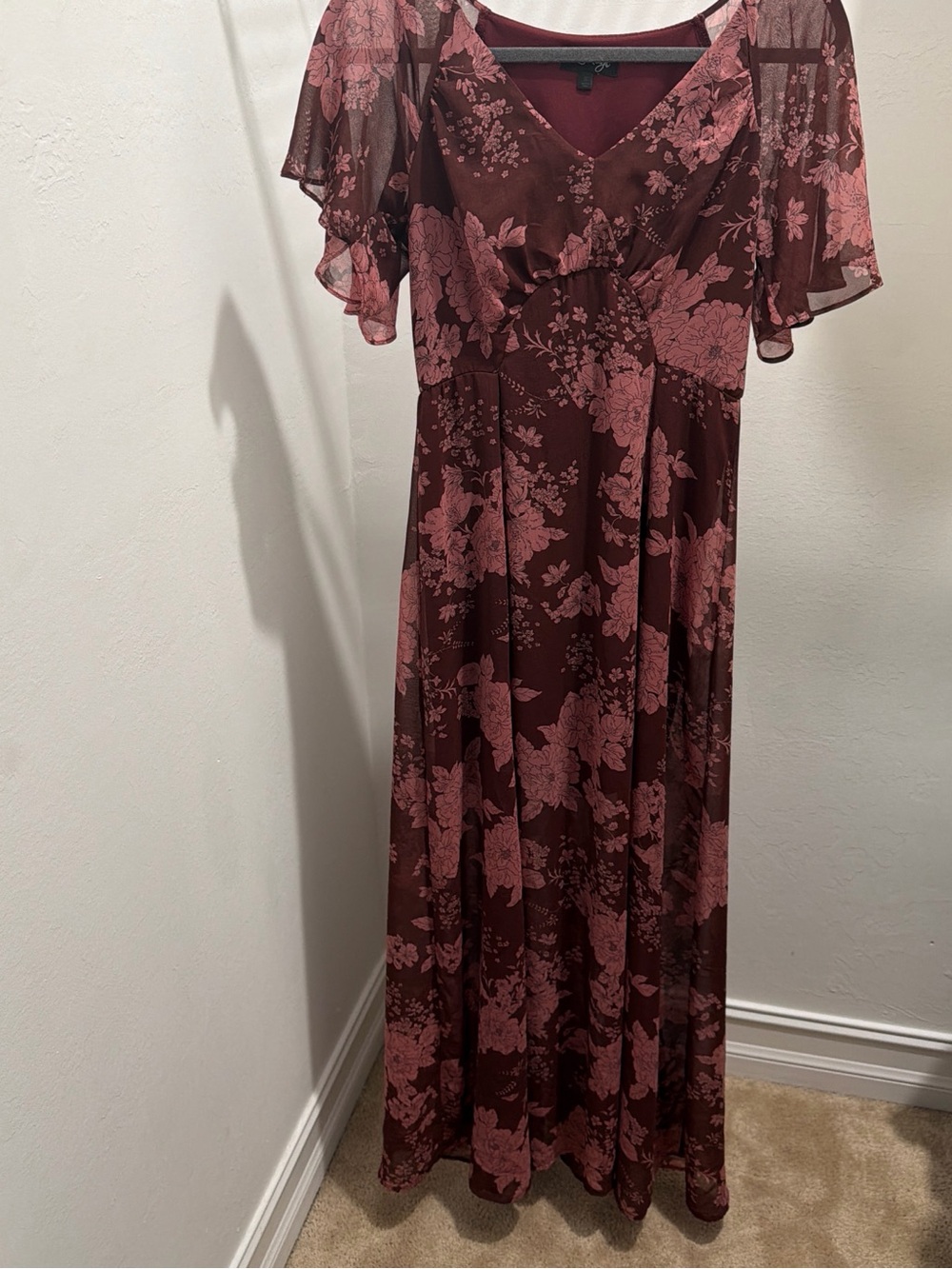 Love Reign Burgundy Maxi Dress with Pink Floral Print